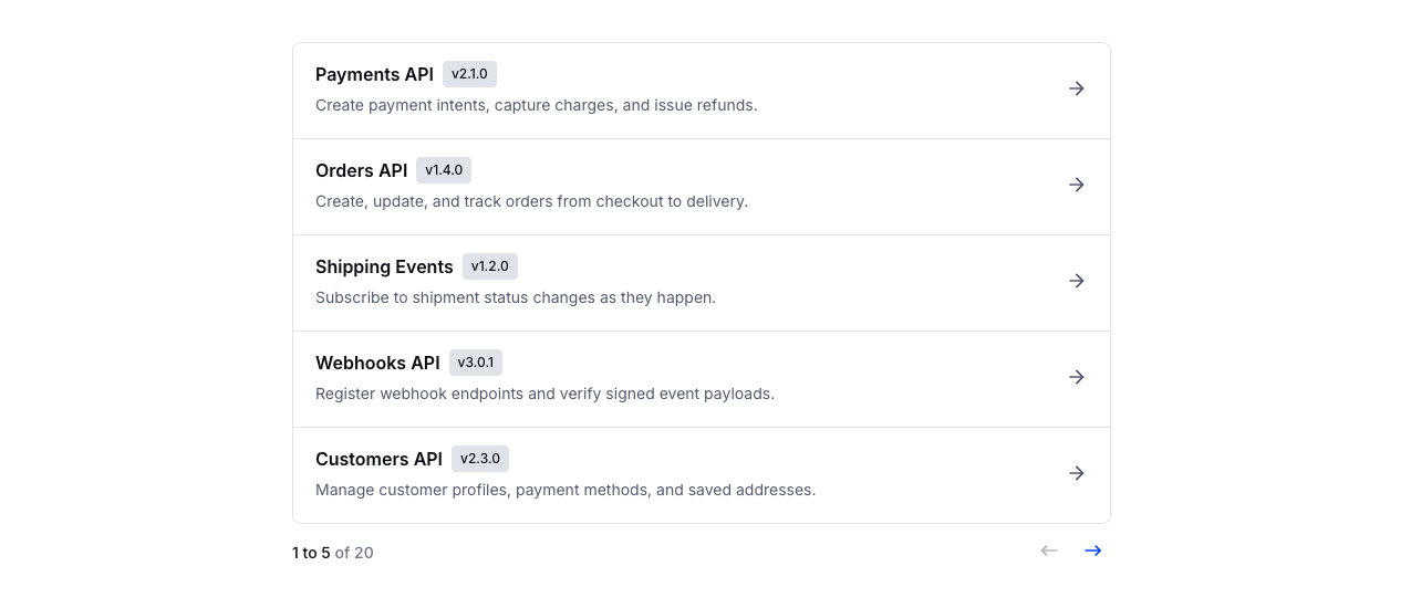 APIs list component using the 'compact' appearance